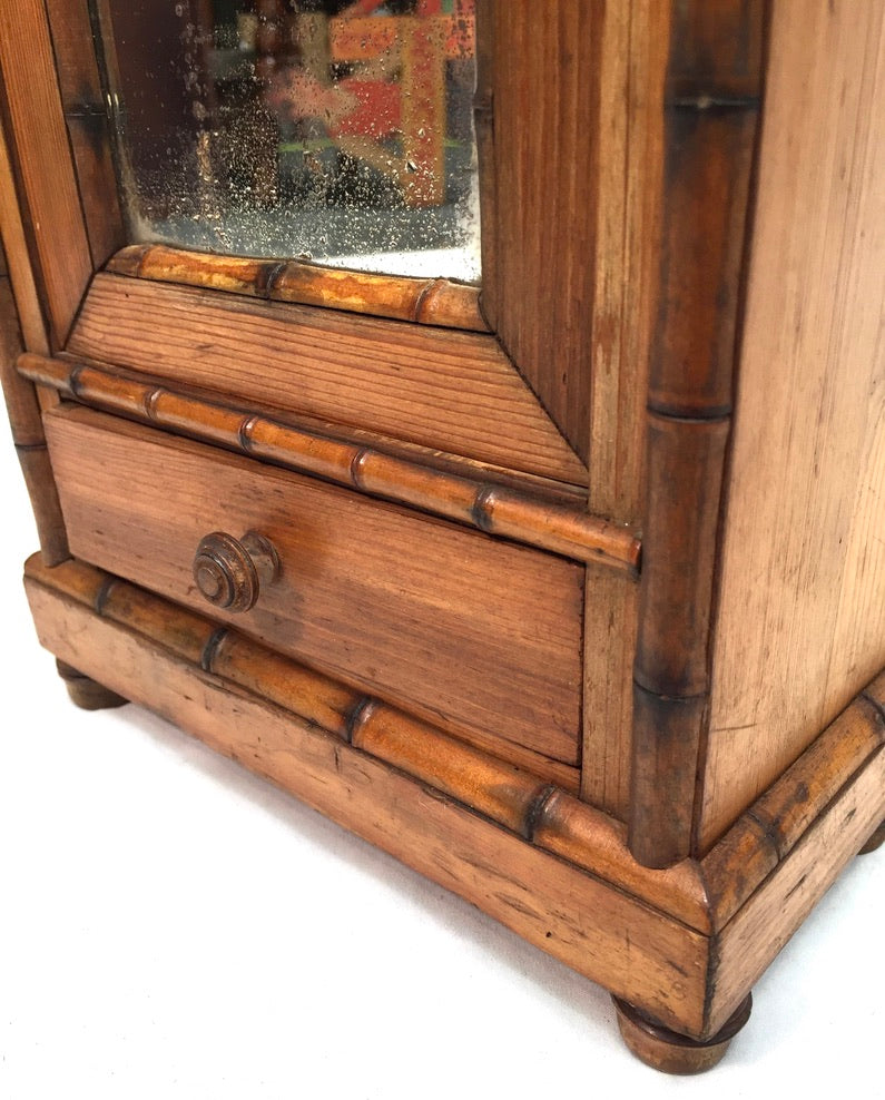 Antique Tabletop Wooden Bamboo & Pine Miniature Cabinet Cupboard / Mirror c.1930