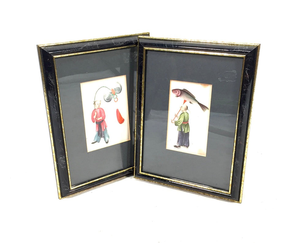Antique Hand Painted Watercolour Framed Paintings on Rice / Pith Paper c.1900