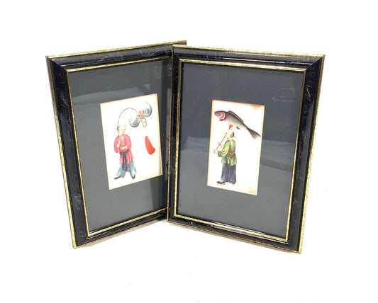 Antique Hand Painted Watercolour Framed Paintings on Rice / Pith Paper c.1900
