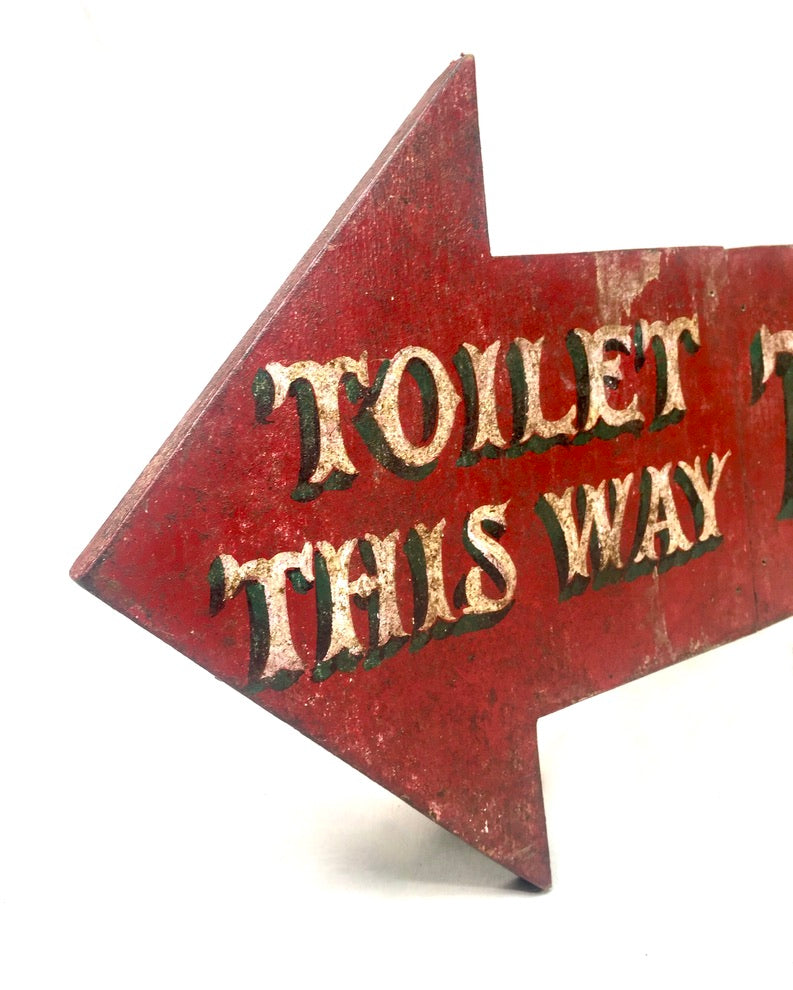 Vintage Wooden Hand Painted on Boards Red & White Toilet This Way Sign Arrow