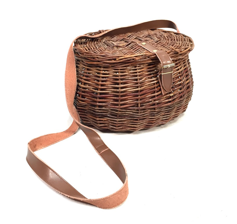 Vintage Wicker Fishing Creel Basket Hamper With Strap / Storage Bin 1960 Antique