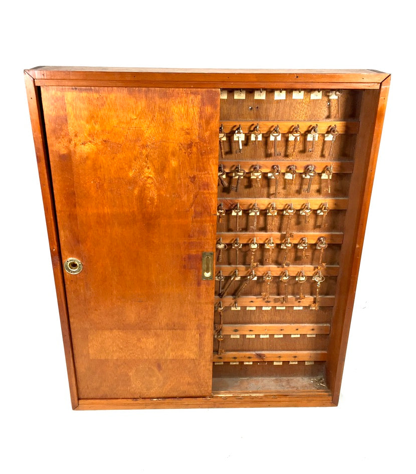 Antique 1930s Large Wall Hanging Wooden Hotel Key Storage Cabinet / Cupboard