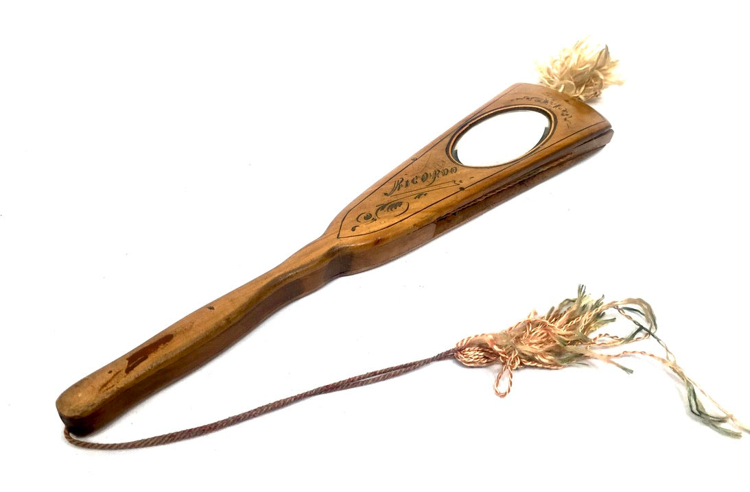 Antique Italian Sorrento Olive Wood & Paper Handheld Ladies Handbag Fan & Mirror