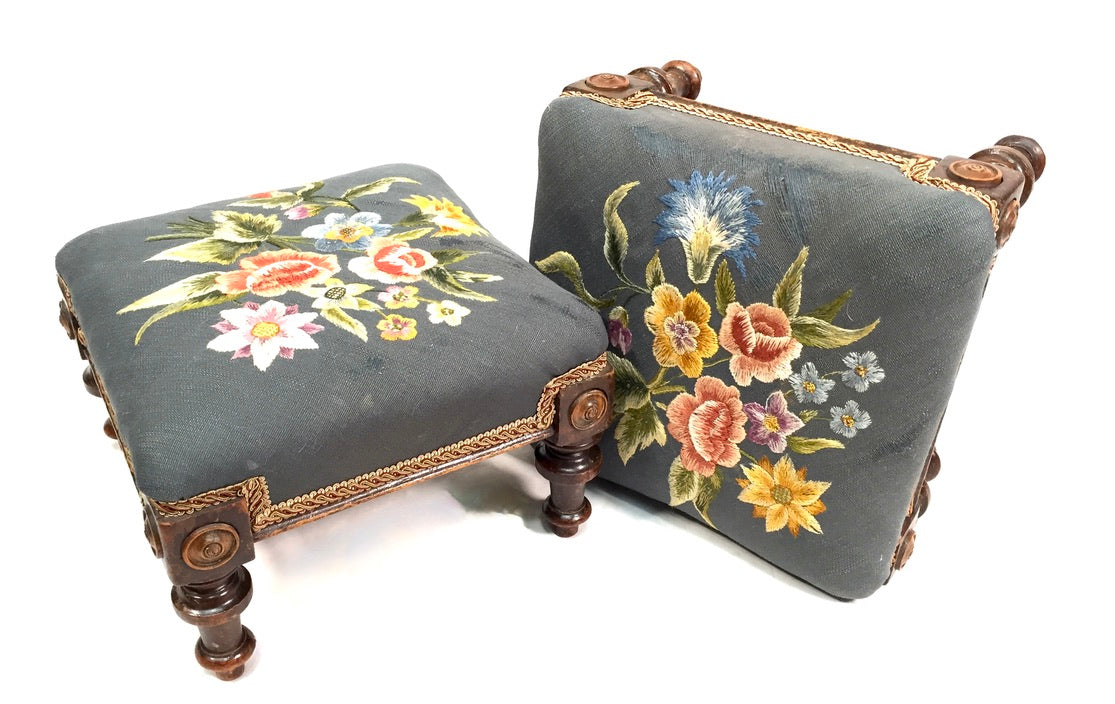 Antique Pair of Wooden Edwardian Floral Needlepoint Footstools / Feet Rests 1910