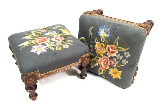 Antique Pair of Wooden Edwardian Floral Needlepoint Footstools / Feet Rests 1910