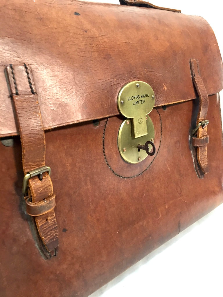Antique Mid 20th Century Brown Leather Lloyds Bank Briefcase Bag With Key c1950