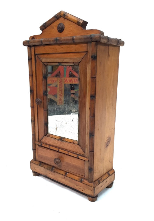 Antique Tabletop Wooden Bamboo & Pine Miniature Cabinet Cupboard / Mirror c.1930