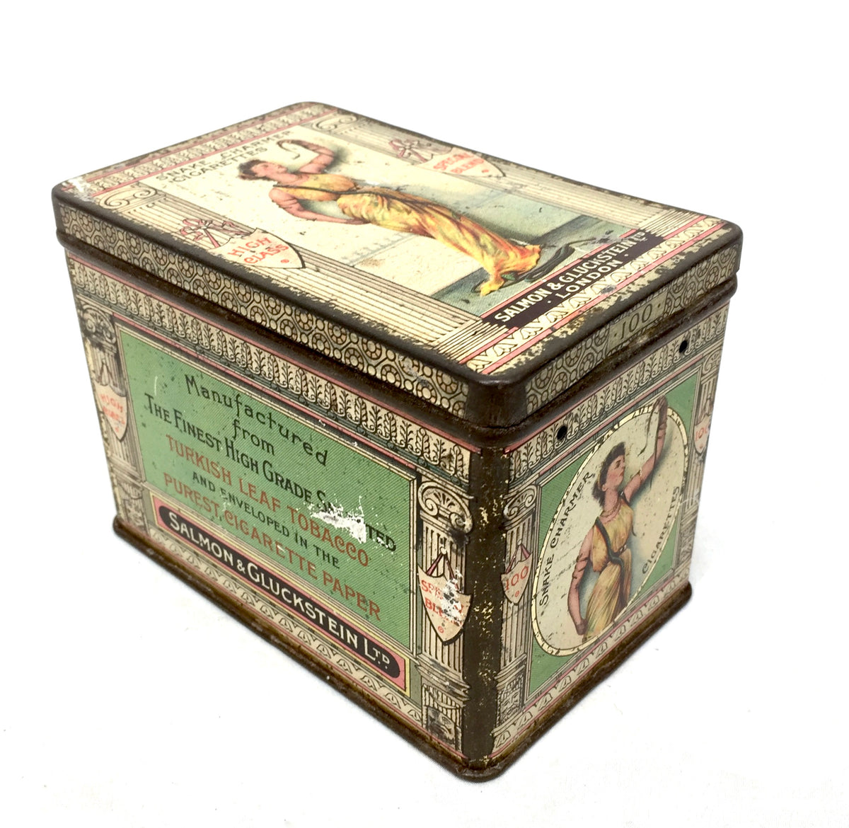 Antique Salmon and Gluckstein 100 Snake Charmer Cigarette Tin / RARE Large Size