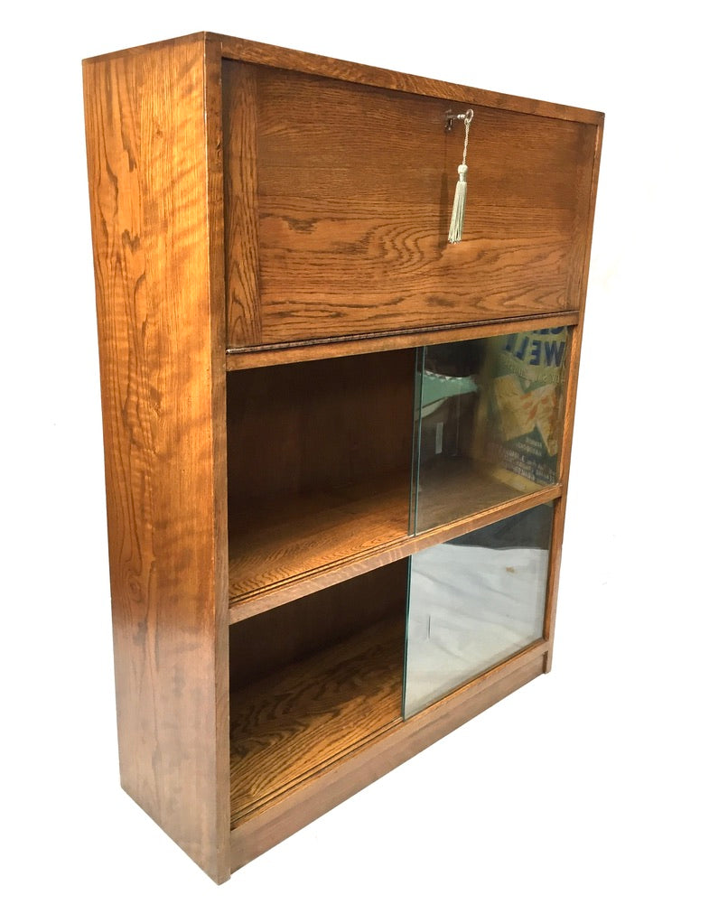 Antique Wooden Oak Bookcase Shelf and Bureau Combination / Mid Century / Key