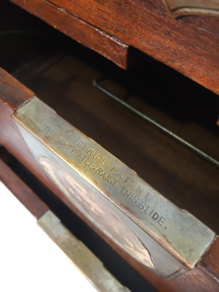 Antique Wooden Amberg's Patent Filing Cabinet Letter File Storage Chest with Key