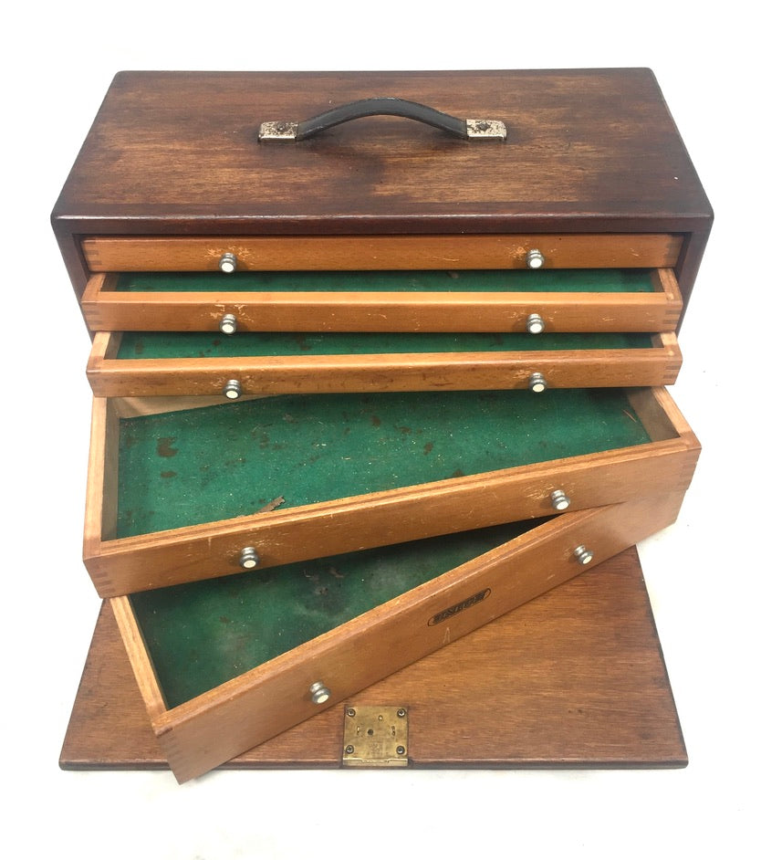 Antique Wooden Union Engineers Toolbox / Tool Box Collectors Cabinet with Key