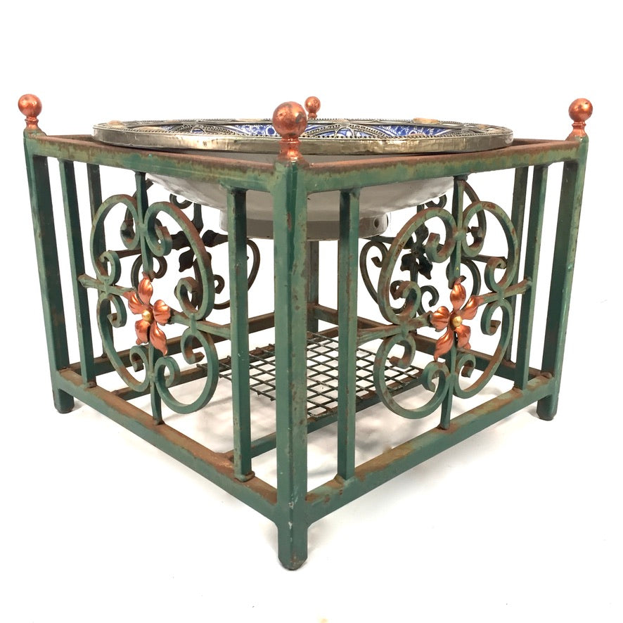 Vintage Hand Crafted Moroccan Style Bowl Outdoor Green Copper Toned Metal Stand