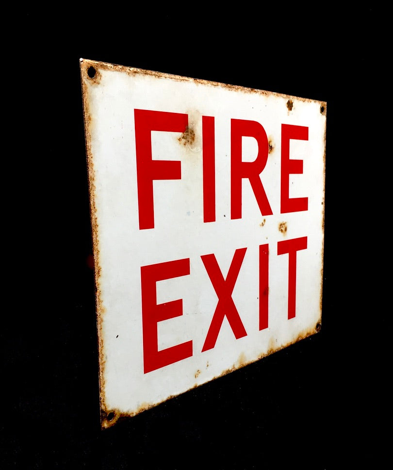 Antique Advertising - Factory / Industrial Used Enamel Fire Exit Sign Salvaged