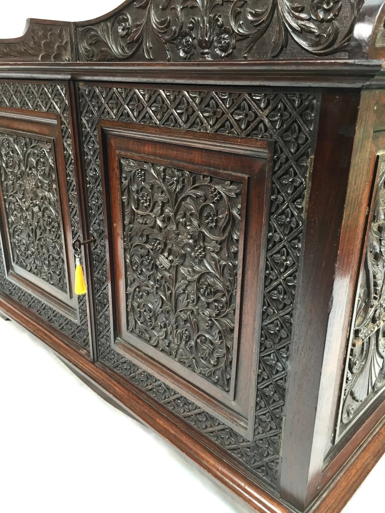 Antique Wooden Ornate Hand carved Cabinet / Cupboard with Key 19th Century
