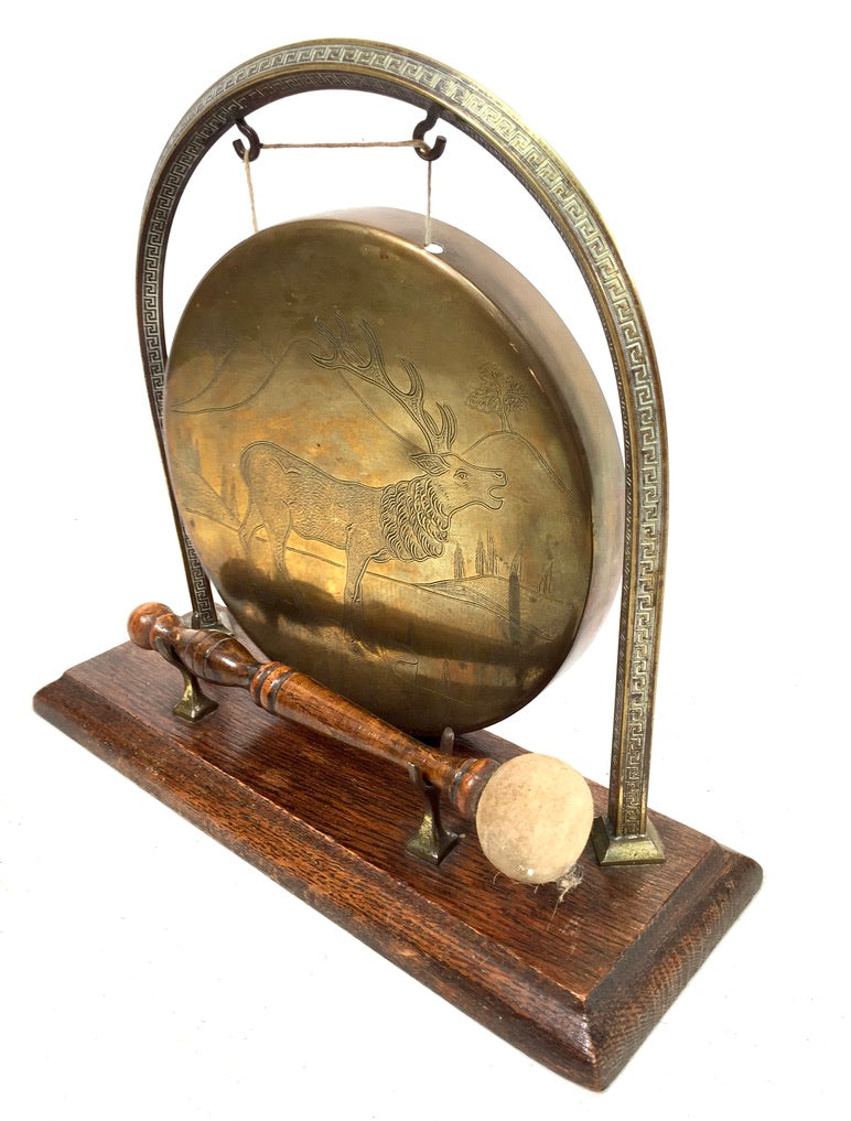 Vintage Tabletop Stag Design Brass Dinner Gong Oak Stand & Mallet Antique c.1950