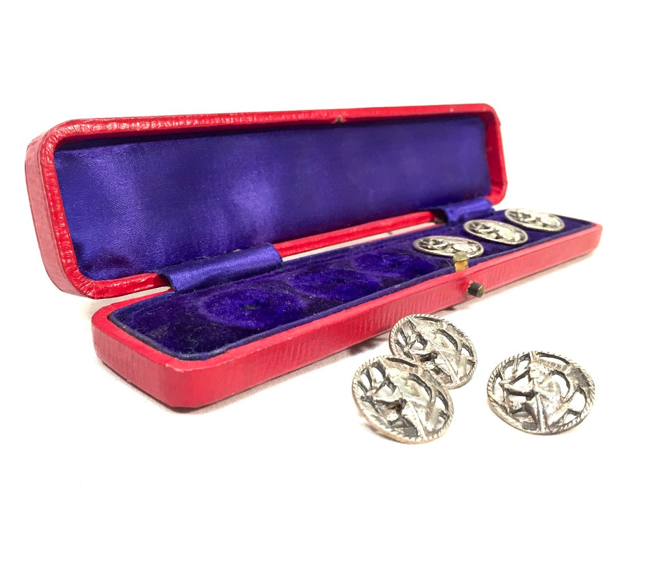 Antique Art Nouveau Sterling Silver Hallmarked Dress Buttons in Case / Complete