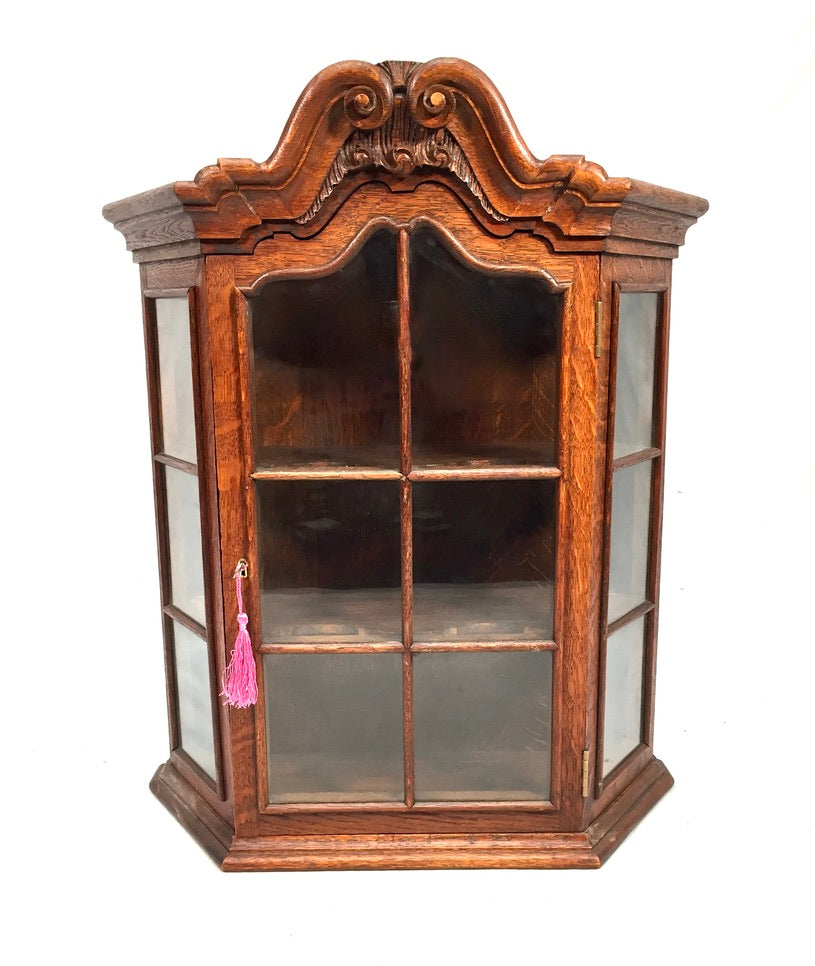 Antique Wooden Oak & Glass Wall Hanging Display Cabinet Storage Shelf with Key