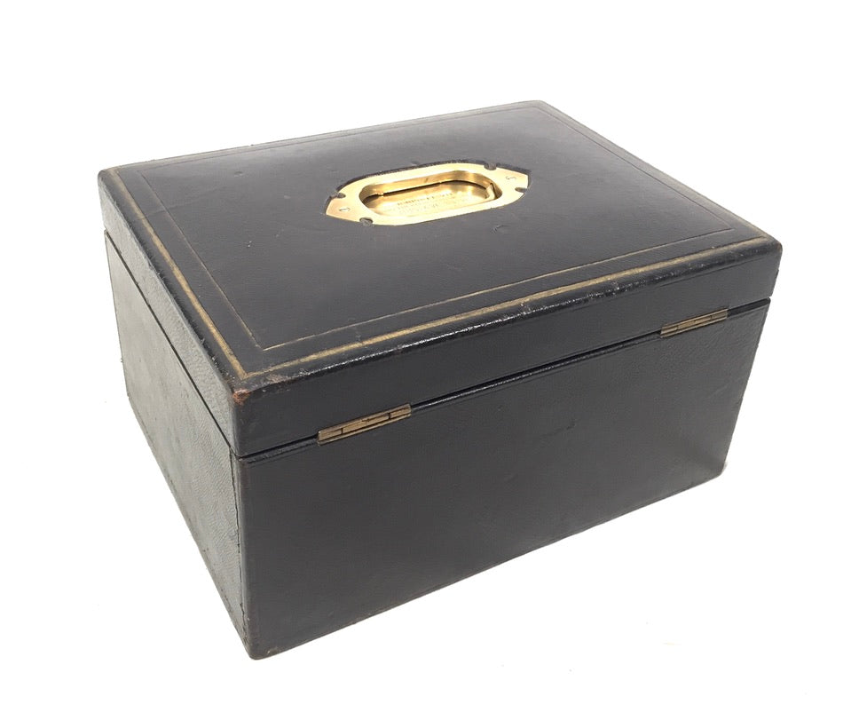 Antique 19th Century Black Leather & Brass Jewellery Trinket Storage Box c.1880