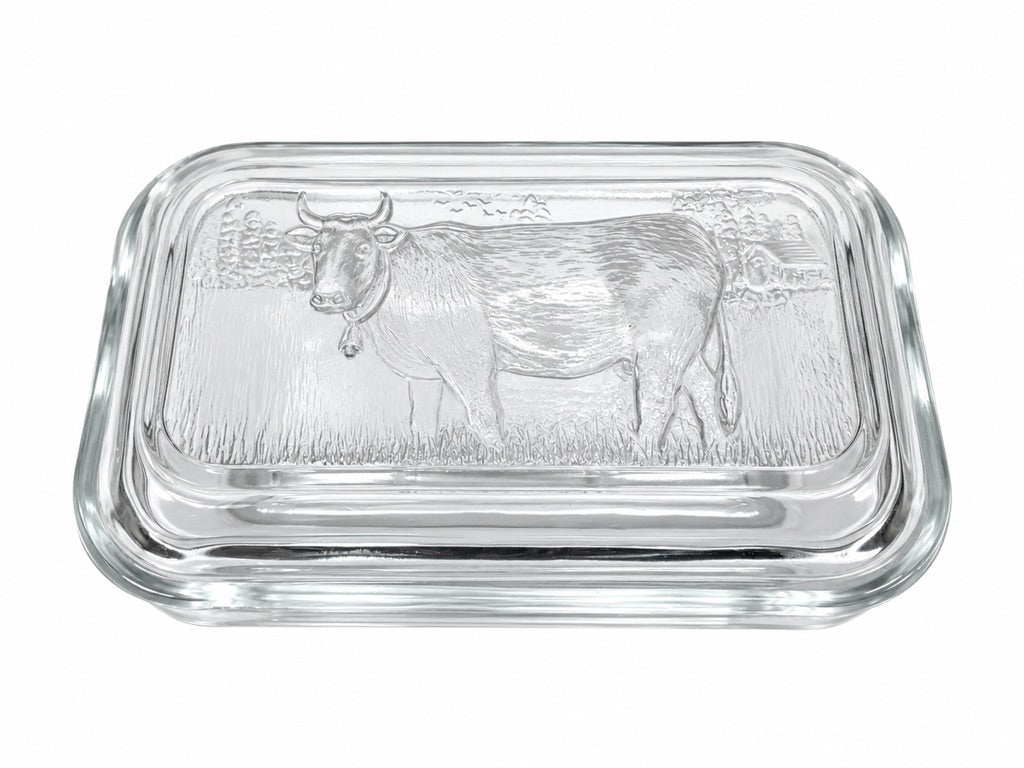Vintage Kitchenalia - Glass Butter Dish & Lid Featuring Embossed Cow Design