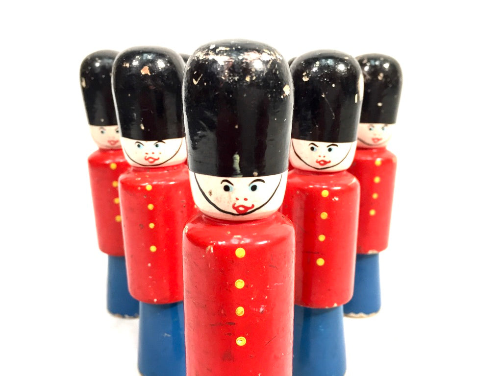 Vintage Complete Set of Hand Painted Wooden Soldier Bowling Skittles / Pins