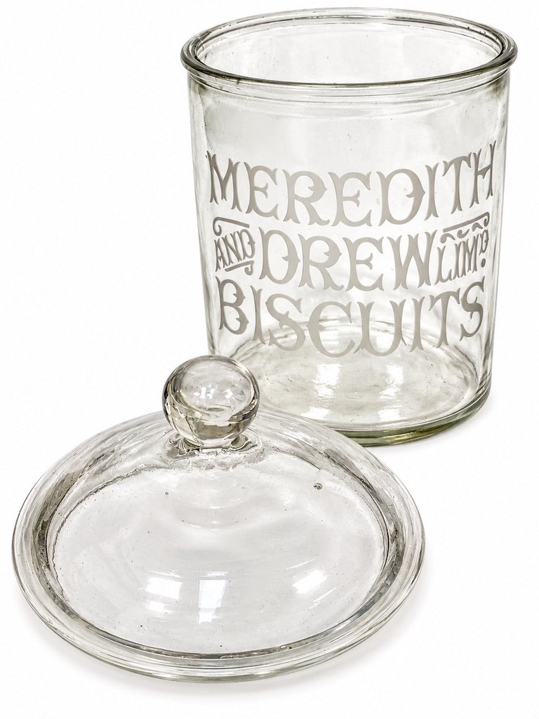 Antique Advertising - Shop Display Glass Meredith & Dew Biscuit Jar with Lid