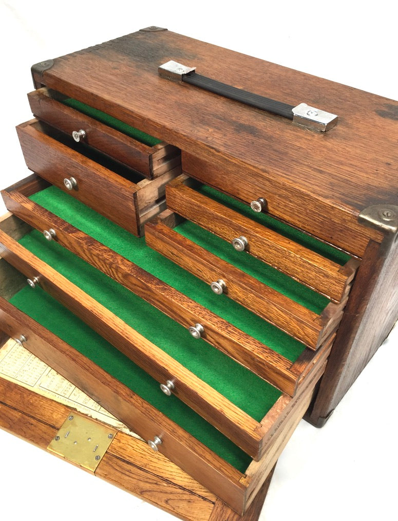 Antique Wooden Engineers Toolbox Tool Box Collectors Cabinet by Neslein with Key