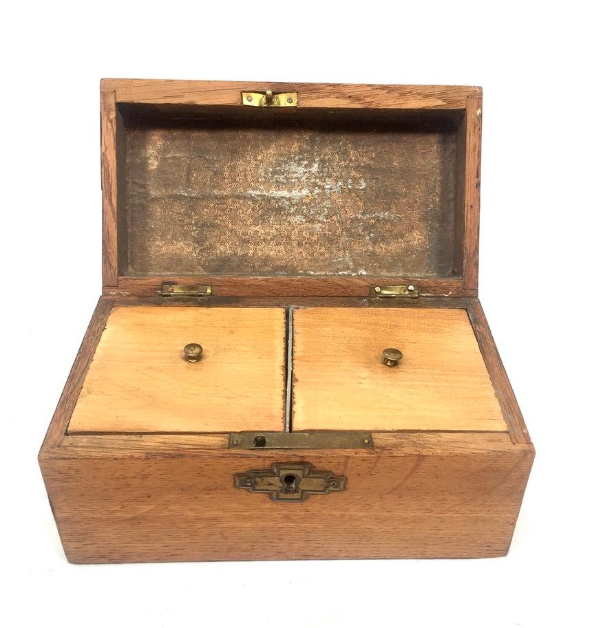 Antique 19th Century Wooden Double Compartment Tea Caddy with Key & Working Lock