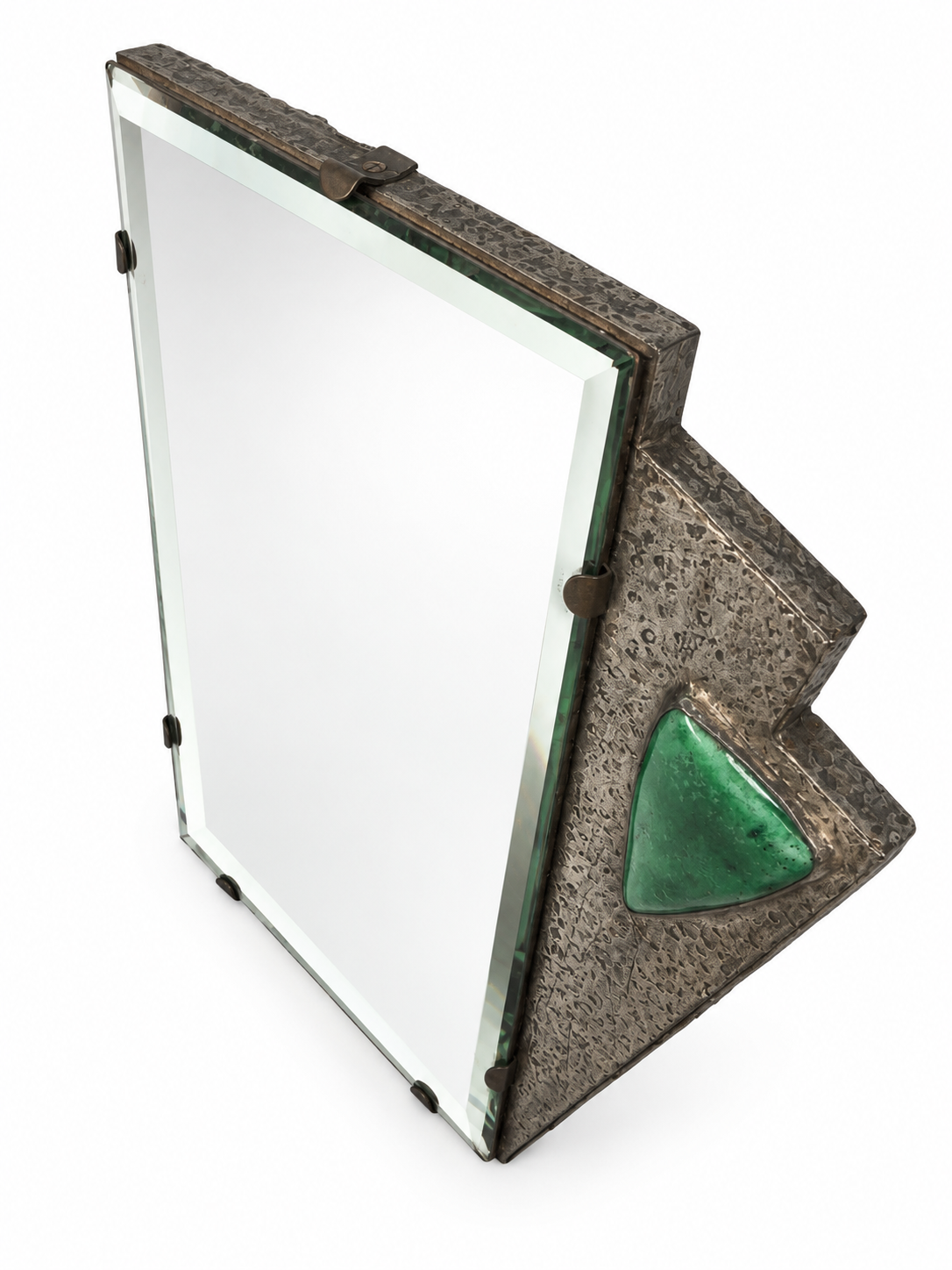 Antique Arts &Crafts Movement Hammed Pewter Tabletop Mirror with Cabochon c1920