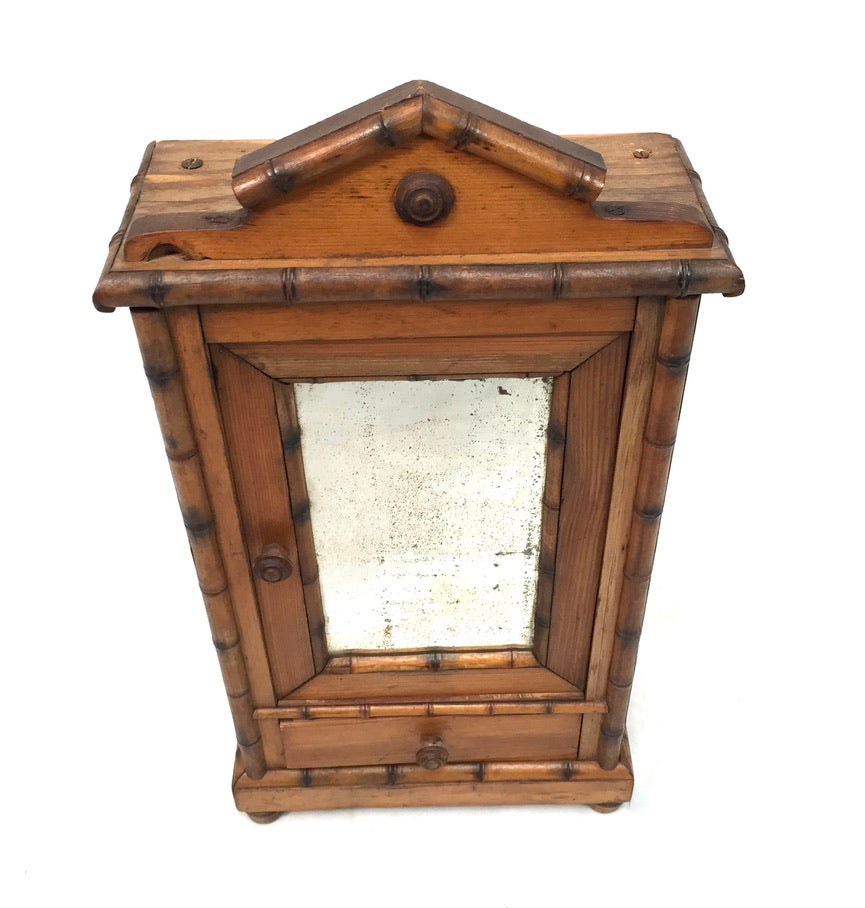 Antique Tabletop Wooden Bamboo & Pine Miniature Cabinet Cupboard / Mirror c.1930