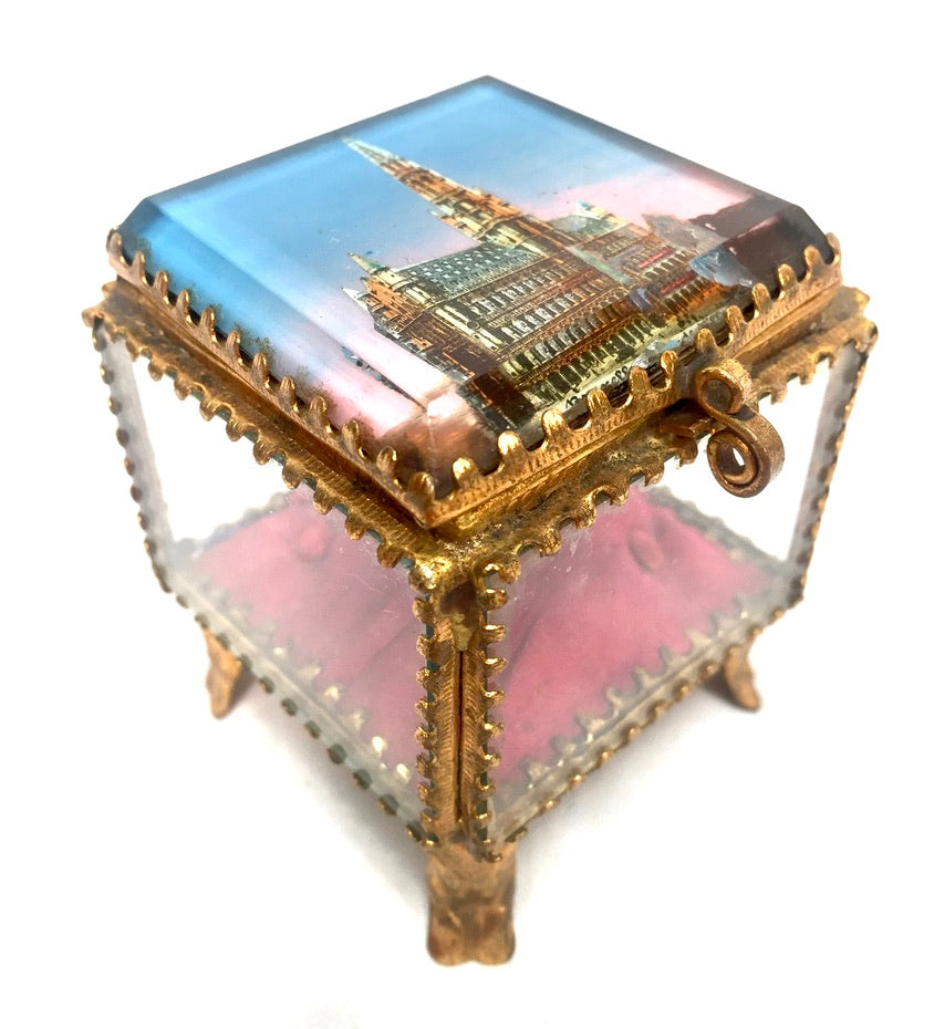 Antique Brussels Souvenir Miniature Casket / Glass Ring Box / Jewellery Box