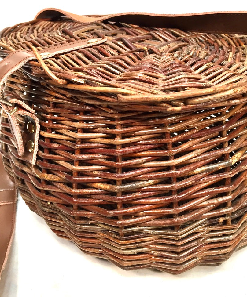 Vintage Wicker Fishing Creel Basket Hamper With Strap / Storage Bin 1960 Antique