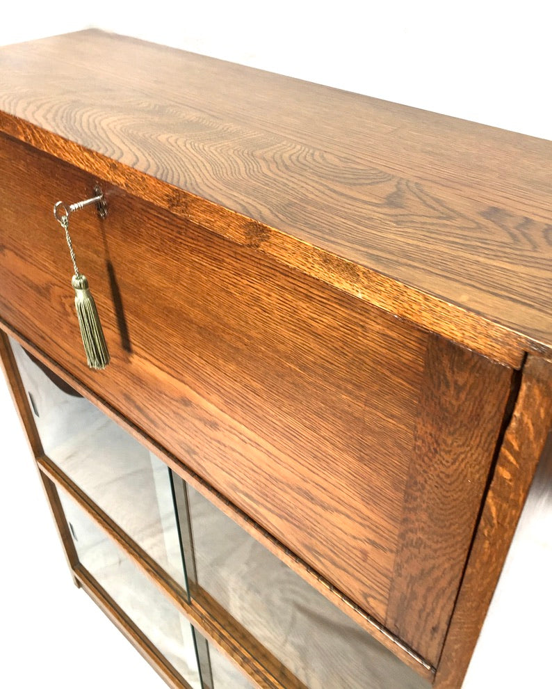 Antique Wooden Oak Bookcase Shelf and Bureau Combination / Mid Century / Key
