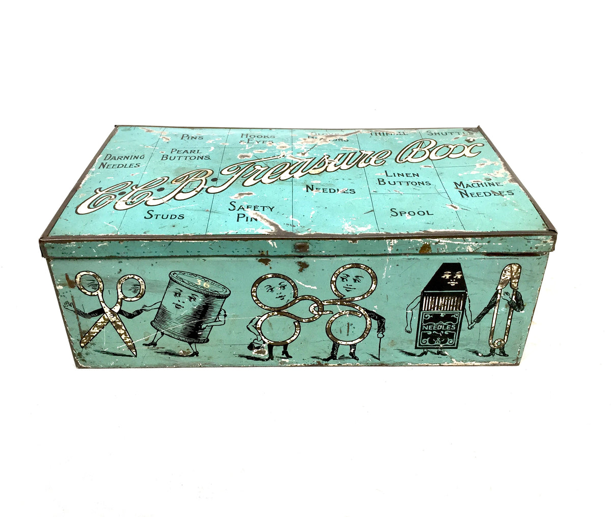 Antique Advertising - C.C.B. Treasure Box Sewing Tin by Huntley Boorne & Stevens