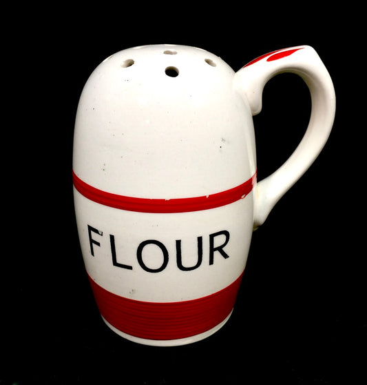 Antique Kitchenalia - Red & White Kleen Kitchen Ware Ceramic Flour Shaker c.1950
