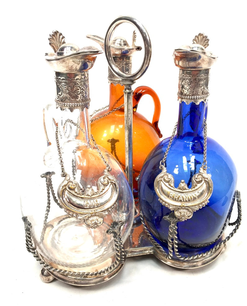 Antique Victorian Blue, Brown and Clear Glass Flagon Decanter Set Display Stand