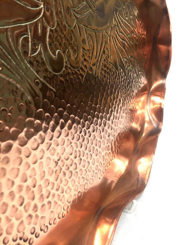 Antique Large Arts & Crafts Copper Tray with Fluted Edge & Fish Design c.1900