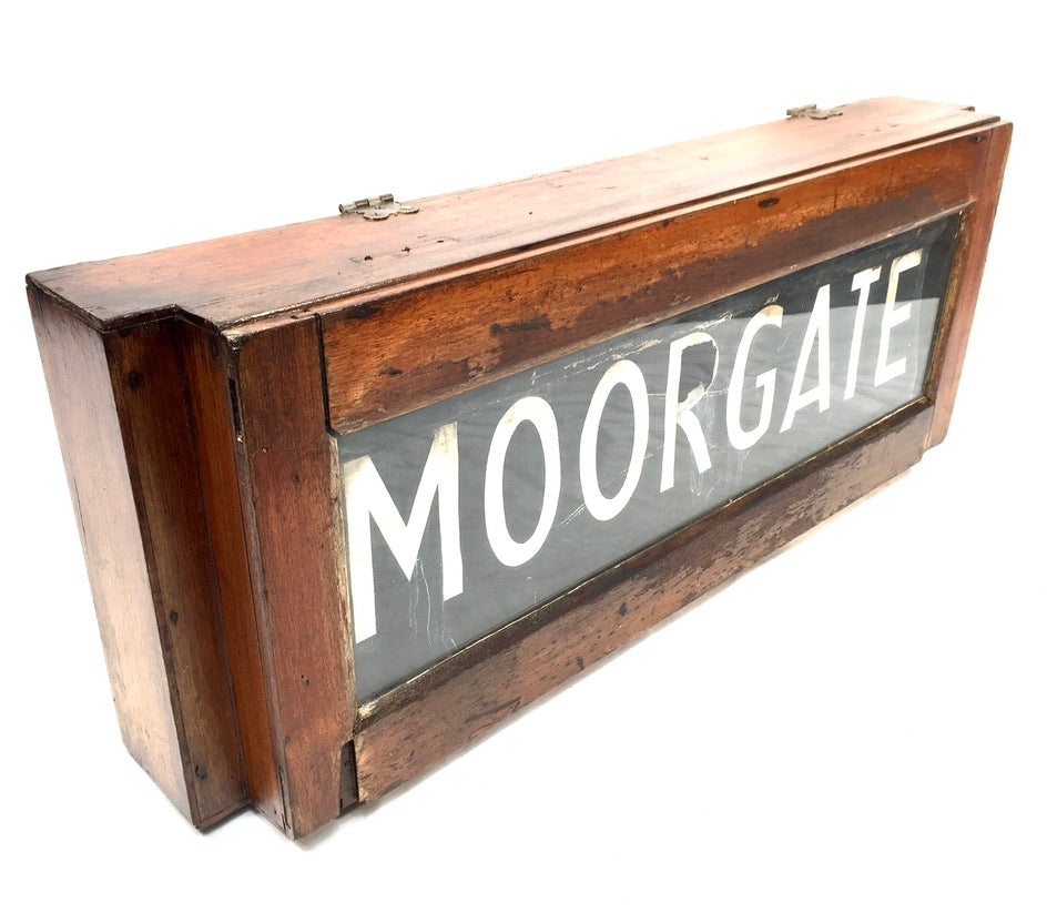 Antique Wooden & Glass London Destination Bus Blind Box Train Sign 20th Century
