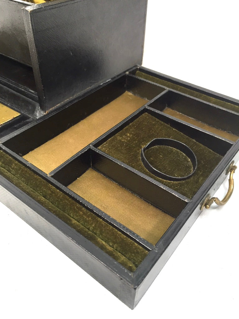 Antique 19th Century Black Leather & Brass Jewellery Trinket Storage Box c.1880