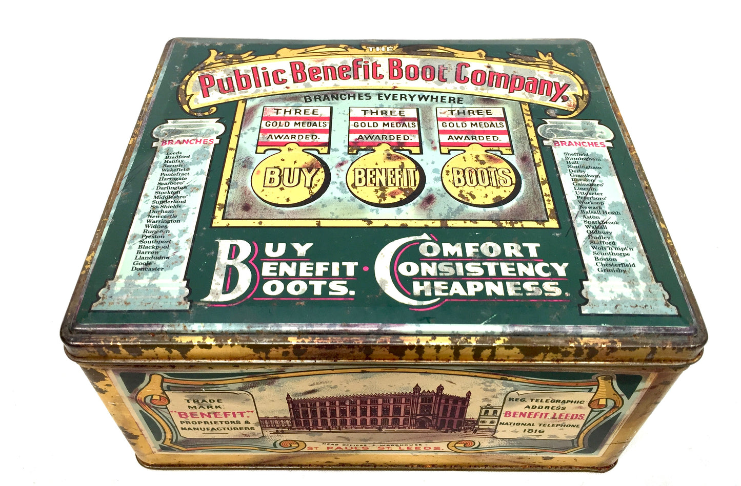 Antique Advertising - 1920s Public Benefit Boot Company Tin Pictorial Lithograph
