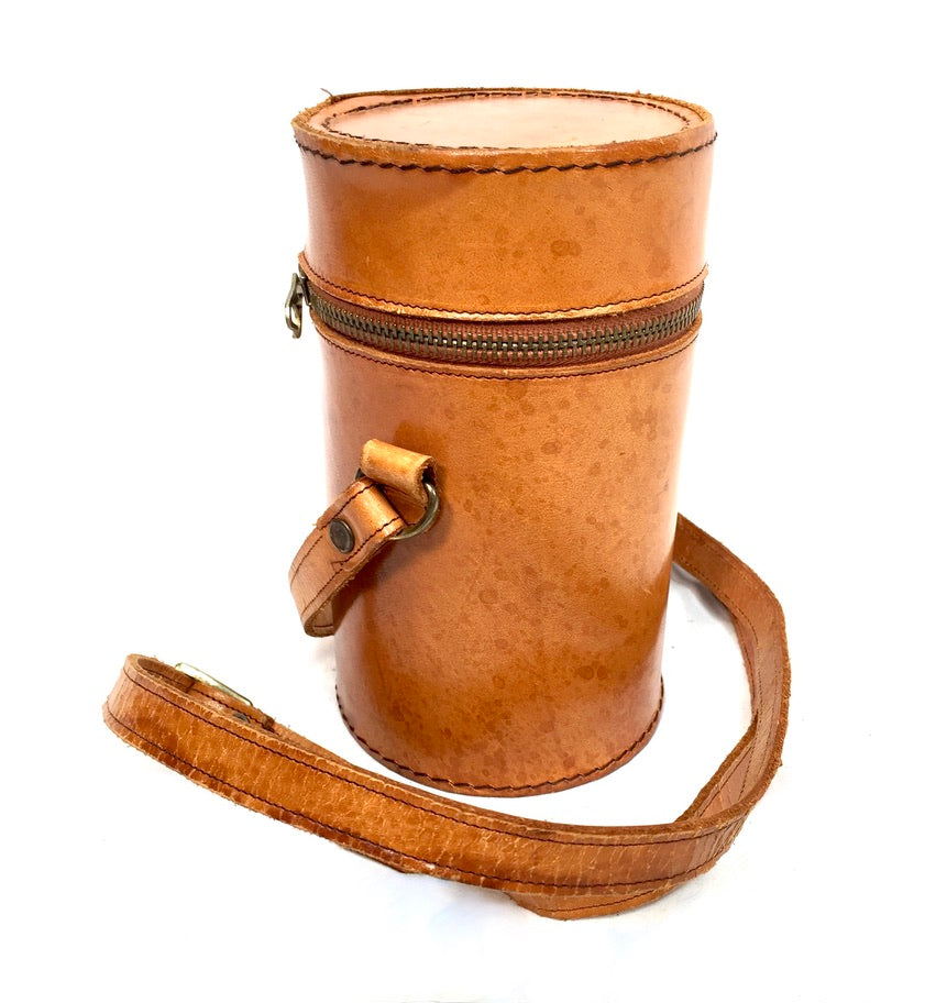 Antique Deco Metal Bottle Hip Flask Set in Original Leather Travel Case c.1930