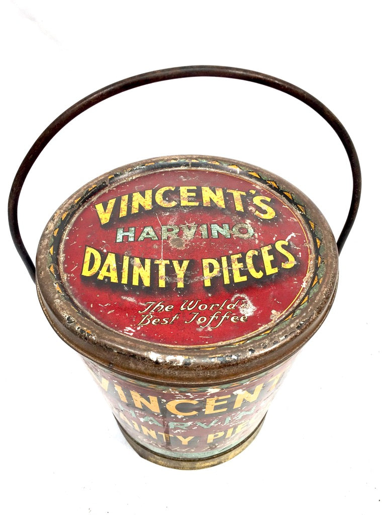 Antique Advertising 1920s Vincents Harvino Dainty Pieces Toffee Tin Bucket Shape