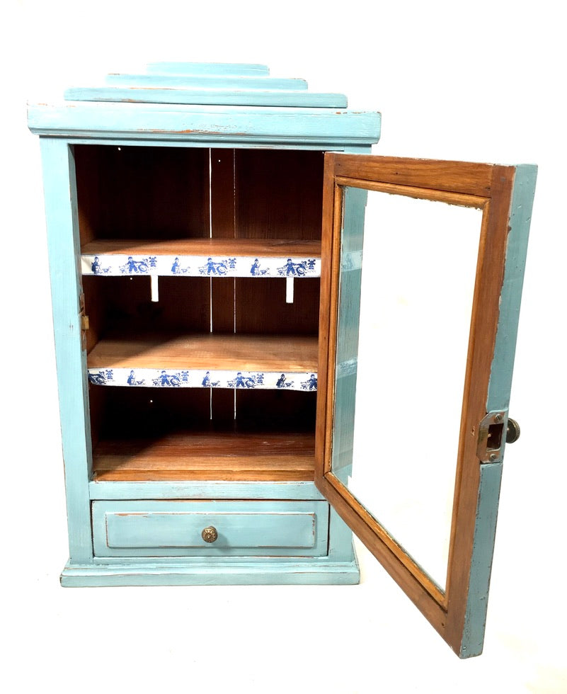 Antique Blue Painted Pine Wooden Tabletop Cabinet / Wall Storage Shelf Box c1950