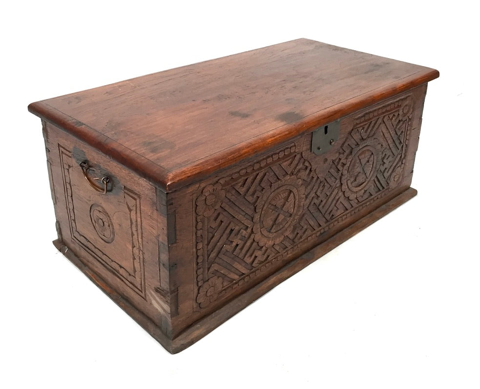 Antique Wooden Carved Blanket Box / Coffer Storage Chest Trunk c.1900