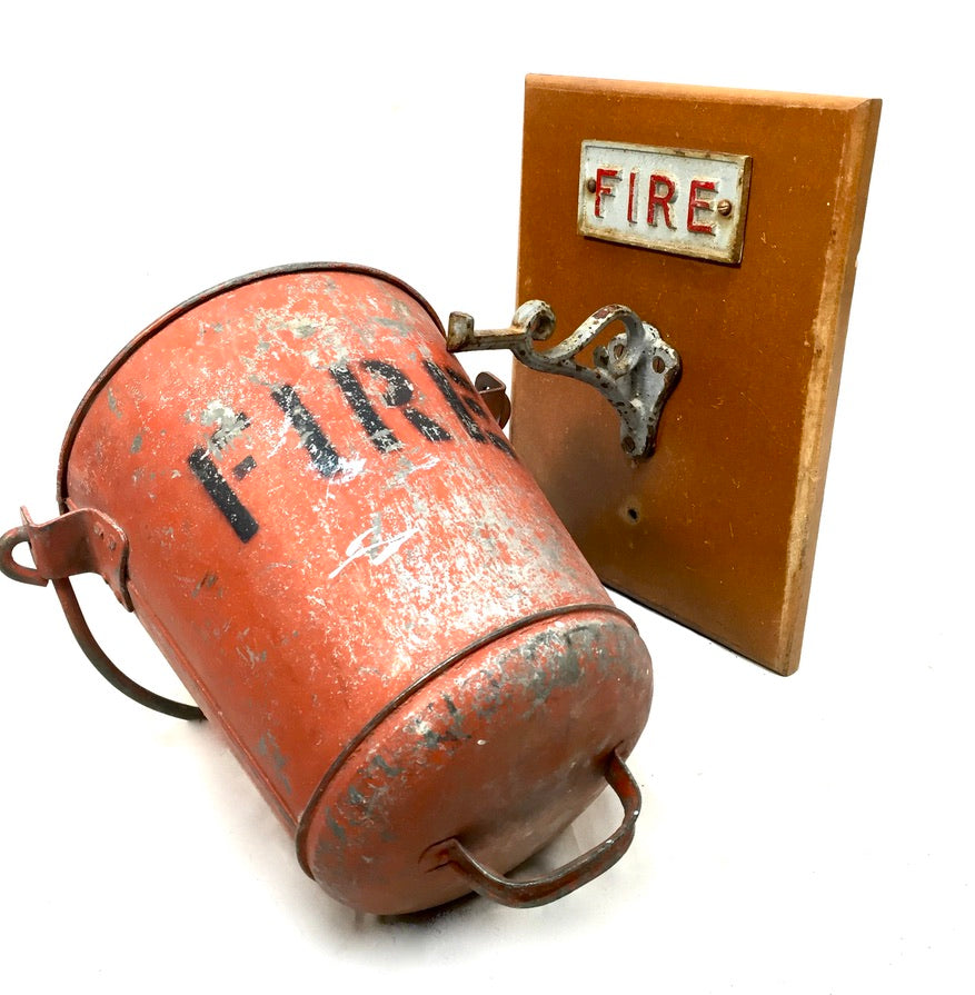 Antique Red Galvanised Fire Bucket & Handle / Original Wooden Wall Bracket Sign