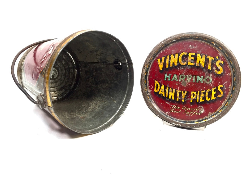 Antique Advertising 1920s Vincents Harvino Dainty Pieces Toffee Tin Bucket Shape