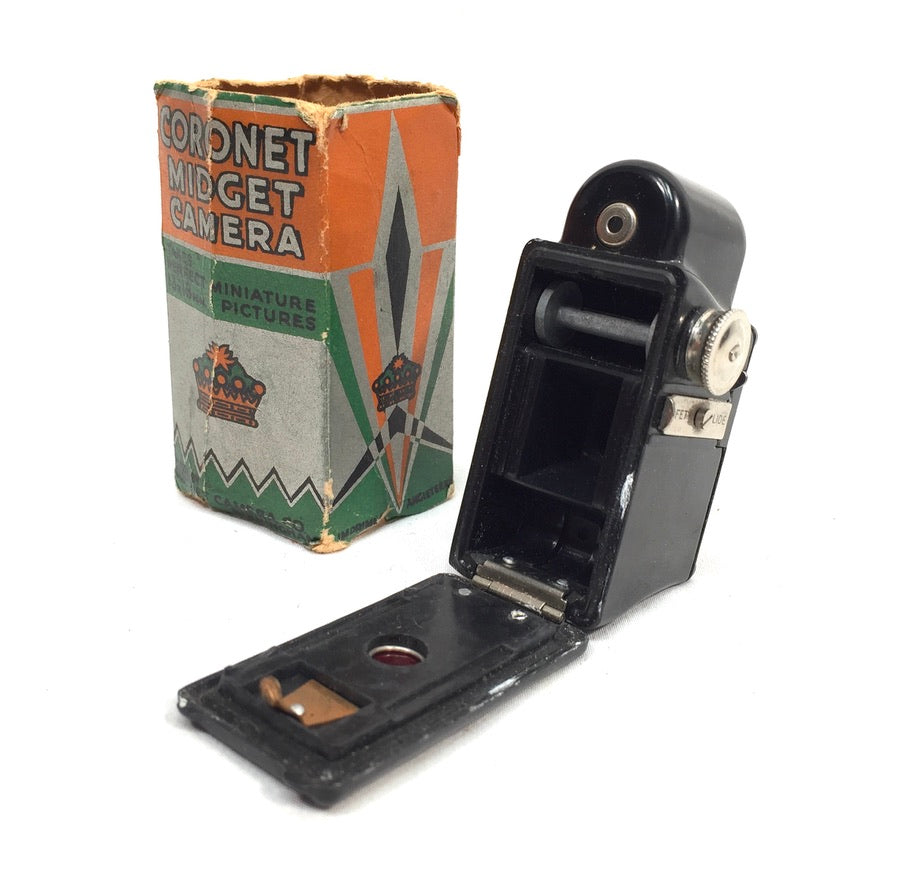 Antique Art Deco Coronet Black Midget Subminiature Camera in Original Box c.1930