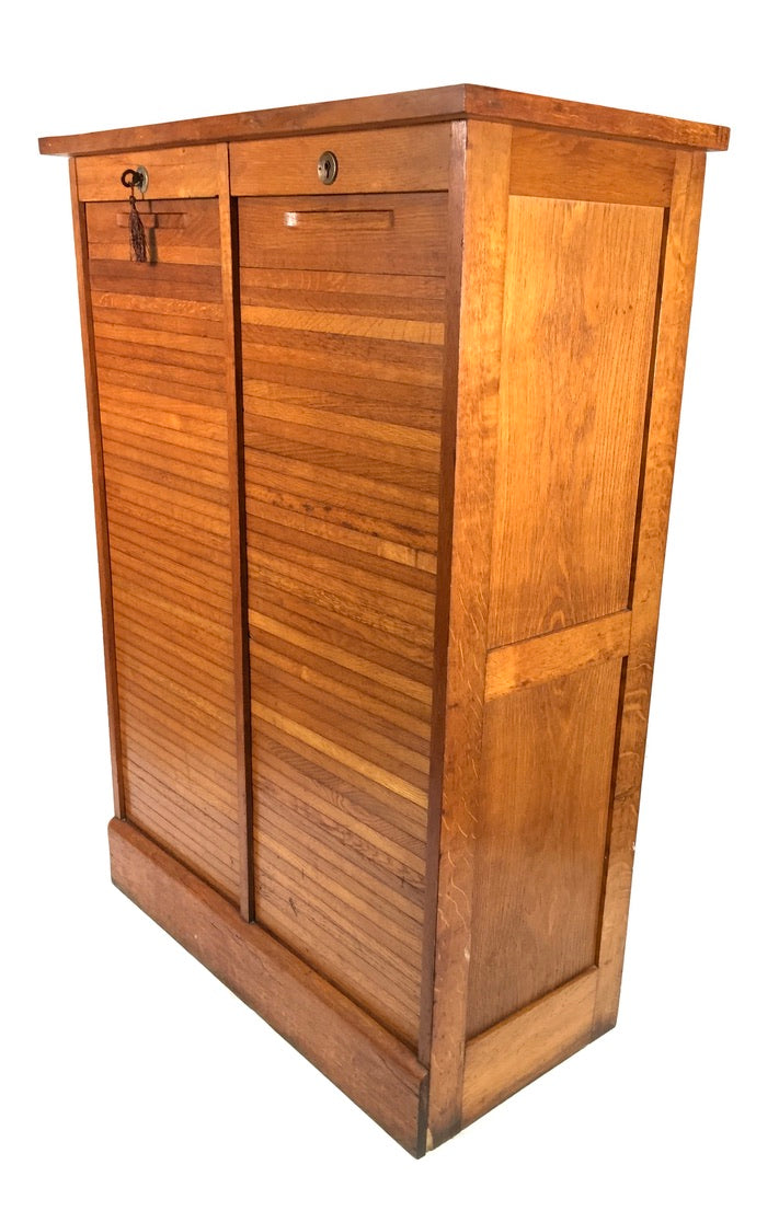 Antique 1950s Wood Oak Double Tambour Fronted Office Paper Filing Cabinet & Key