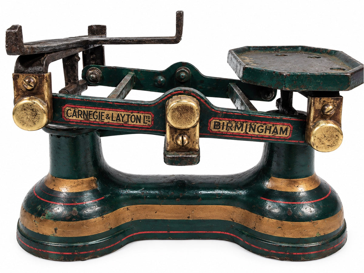Antique Victorian Cast Iron Shop Scales with "Lady of Justice" Porcelain Plate