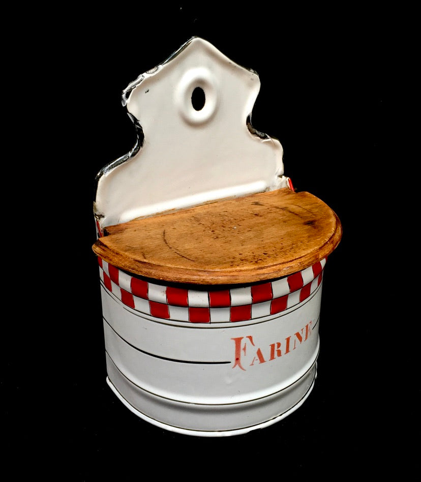 Antique Kitchenalia French Wall Mounted Enamel Red & White Enamel Flour Bin Box