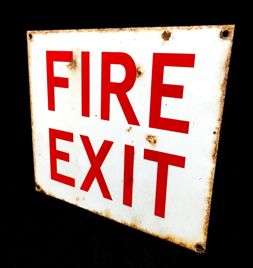 Antique Advertising - Factory / Industrial Used Enamel Fire Exit Sign Salvaged